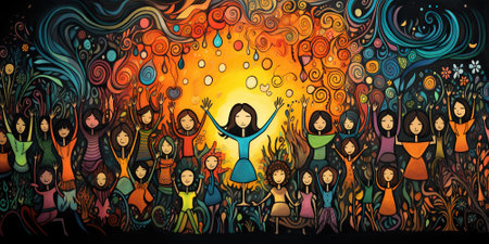 Doodle art abstract sketch: joyful women in vibrant sketches convey happiness and positivity through...