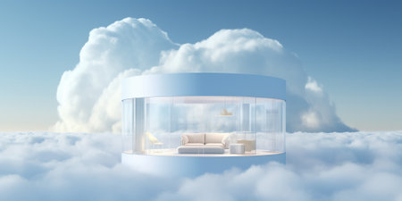 Dream home inside a cloud: minimalist style and daylight craft a cozy ambiance, immersing you in a harmonious atmosphere. AI Generative AIの写真素材