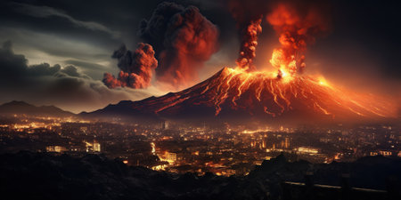 A powerful volcanic eruption behind the city is a breathtaking sight, blending picturesque beauty with the force of nature. AI Generative AIの写真素材