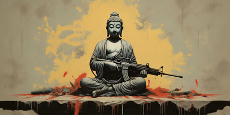 Buddha with a rifle prompts reflection on peace, power, and the complexities of existence. Generative AIの素材