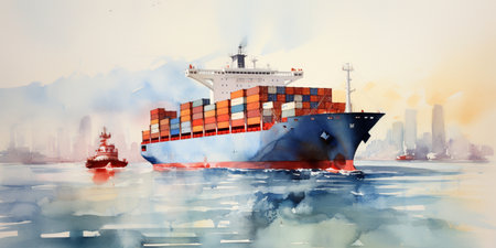 A simplified depiction of a container ship, showcasing its essential features and structure in a straightforward visual representation. Generative AIの素材