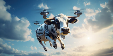 A flying cow soars through the skies, blending whimsy with wonder in a playful dance with the clouds. Generative AIの素材