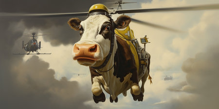 A flying cow soars through the skies, blending whimsy with wonder in a playful dance with the clouds. Generative AIの素材