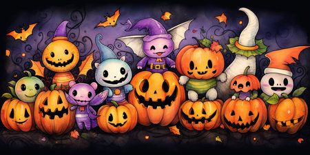 A primitive Halloween illustration captures the essence of spooky festivities with simple, raw strokes and playful charm. Generative AIの素材
