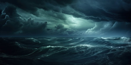 As dusk falls, the sea under darkened skies creates an enchanting and mysterious scene, where natures elements converge in tranquil harmony. Generative AIの素材