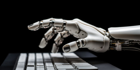 A robotic hand skillfully presses keys on a computer keyboard, seamlessly translating mechanical precision into digital input. Generative AIの素材
