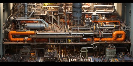 A cross-sectional visualization of a large factory, depicting production processes and...
