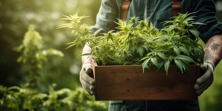 A smiling gardener holds a crate of marijuana seedlings in the garden. His care for plants and joy of harvest create an atmosphere of harmony. Generative AIの写真素材