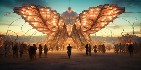 A futuristic installation at the Burning Man festival is a blend of light, color, and form, creating a captivating visual symphony. AI Generative AIの素材