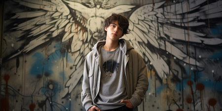 A teenager's portrait against a vibrant wall adorned with unique artwork - a blend of identity and artistic self-expression. AI Generative AIの素材
