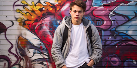 A teenager's portrait against a vibrant wall adorned with unique artwork - a blend of identity and artistic self-expression. AI Generative AIの素材