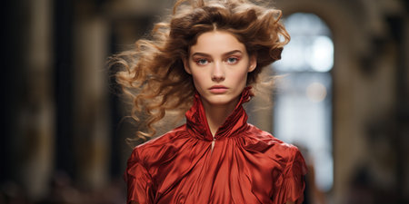 Taking center stage on the runway is an elegant model adorned in refined attire. Her presence sets an ambiance of harmony and luxury, captivating the audience's gaze. AI Generative AIの素材