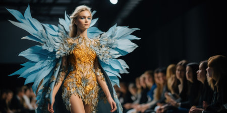 Taking center stage on the runway is an elegant model adorned in refined attire. Her presence sets an ambiance of harmony and luxury, captivating the audience's gaze. AI Generative AIの素材