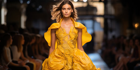 Taking center stage on the runway is an elegant model adorned in refined attire. Her presence sets an ambiance of harmony and luxury, captivating the audience's gaze. AI Generative AIの素材