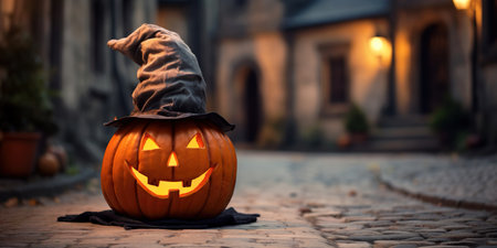The pumpkin on the street of the ancient town is a symbol of Halloween, filling the air with a mysterious and enchanting atmosphere. AI Generative AIの素材