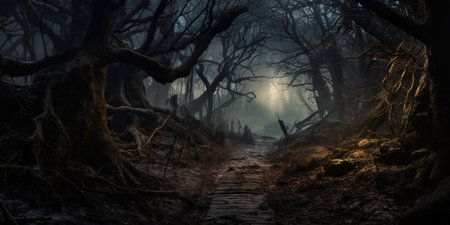 The mysterious eerie forest immerses you in an atmosphere of enigmas, shivers of the unknown, where shadows play their eerie games among trees and fog. AI Generative AIの素材