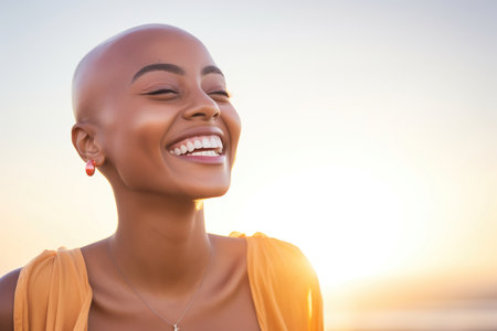 The bald black woman exudes charisma and authentic energy. Her laughter reflects genuine joy for life. AI Generative AIの素材