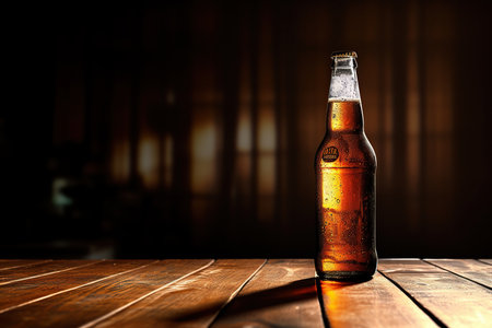 An enticing craft beer bottle, comfortably perched on the pub's bar counter, promises a delightful evening.の素材