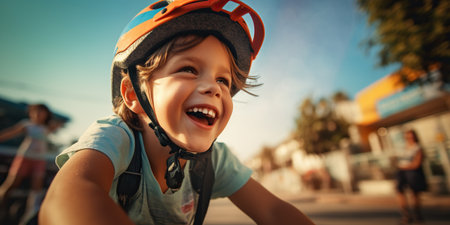 A joyful 9 yo boy races on his bicycle, his smile shining like the sun.の素材
