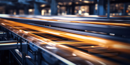 Modern manufacture of big machines close-up in motion blur, conveying dynamism and process perfection.の素材