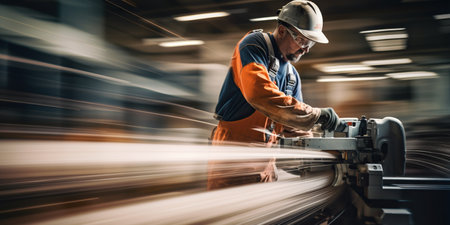 Modern manufacture of big machines, close-up, worker motion blur in action.の素材