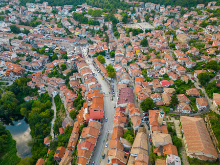 An aerial view of Veliko Tarnovo reveals a Bulgarian city rich in history and culture, with its beautiful buildings, streets, and picturesque hills.の写真素材