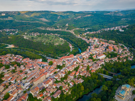 An aerial view of Veliko Tarnovo reveals a Bulgarian city rich in history and culture, with its beautiful buildings, streets, and picturesque hills.の写真素材