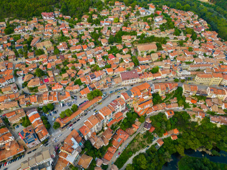An aerial view of Veliko Tarnovo reveals a Bulgarian city rich in history and culture, with its beautiful buildings, streets, and picturesque hills.の写真素材