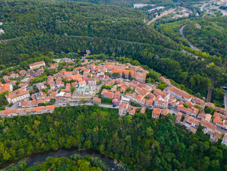 An aerial view of Veliko Tarnovo reveals a Bulgarian city rich in history and culture, with its...