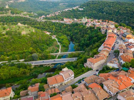 An aerial view of Veliko Tarnovo reveals a Bulgarian city rich in history and culture, with its beautiful buildings, streets, and picturesque hills.の写真素材