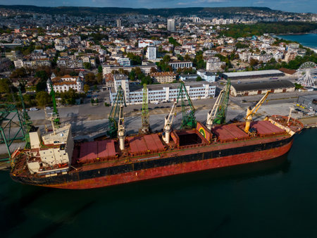 cargo ship or bulk carrier loaded to the brim with grain is preparing for departure, working sailors on deck are completing work, aerial viewの写真素材