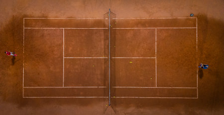 two people playing tennis on the tennis court, top down viewの写真素材