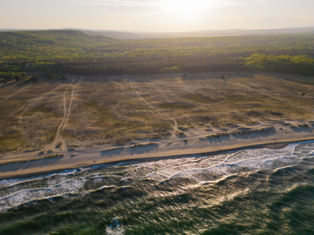 Aerial top view of the sea, beach, and forest from above. It's a beautiful natural landscape that's perfect for nature lovers and anyone seeking a scenic and picturesque escape.の写真素材
