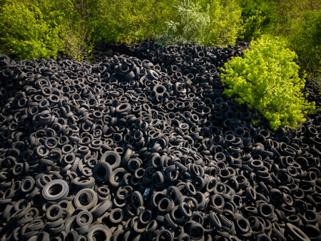 Aerial view of the stark contrast between a massive landfill of used car tires and the surrounding green trees. Tire dump showcases human waste impact on environment.の写真素材
