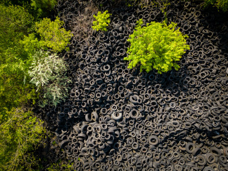 Aerial view of the stark contrast between a massive landfill of used car tires and the surrounding green trees. Tire dump showcases human waste impact on environment.の写真素材