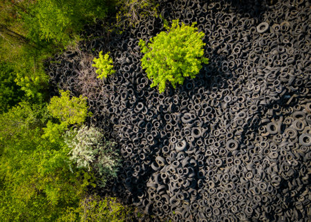 Aerial view of the stark contrast between a massive landfill of used car tires and the surrounding green trees. Tire dump showcases human waste impact on environment.の写真素材