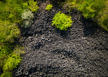 Aerial view of the stark contrast between a massive landfill of used car tires and the surrounding green trees. Tire dump showcases human waste impact on environment.の写真素材