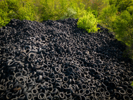 Aerial view of the stark contrast between a massive landfill of used car tires and the surrounding green trees. Tire dump showcases human waste impact on environment.の写真素材
