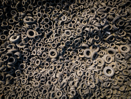 Aerial view of the stark contrast between a massive landfill of used car tires and the surrounding green trees. Tire dump showcases human waste impact on environment.の写真素材