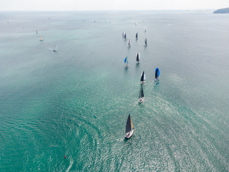 Aerial top view of sailing yachts regatta race on seaの写真素材