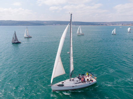 Aerial top view of sailing yachts regatta race on seaの写真素材