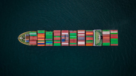 A loaded container ship in the sea, aerial top view, concept of international trade and shippingの写真素材
