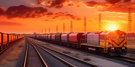 A large freight train carries containers at sunset.の素材