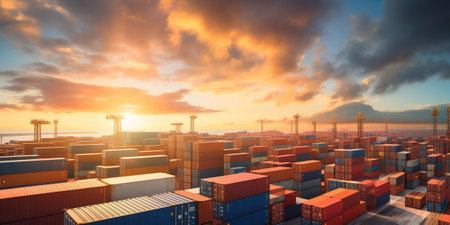 A vast array of containers, stacked high, stretches to the horizon in the golden hour.の素材