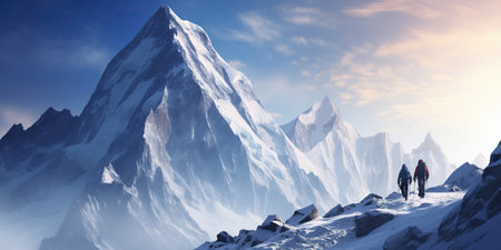 Two climbers set off on a climb against a backdrop of winter mountains.の素材