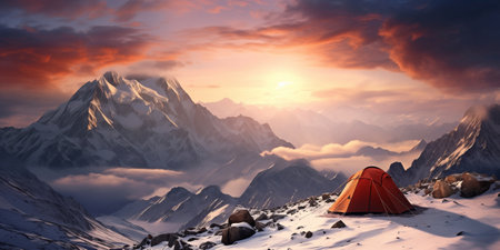 A colorful tent stands out against the snow-covered mountains at sunrise.の素材