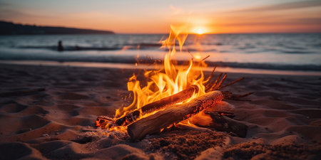 A flickering campfire illuminates a tropical beach at sunsetの素材