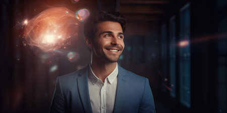 A portrait of a young man inspired by a brilliant idea, with a metaphorical cloud of ideas depicted next to him.の素材