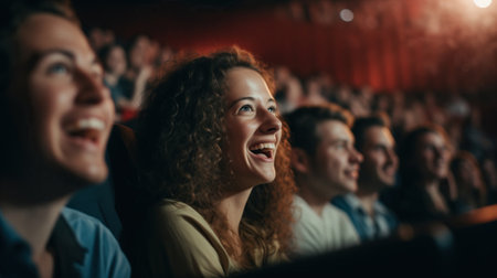 A large, cheering audience in a movie theater watches a heartwarming comedy.の素材