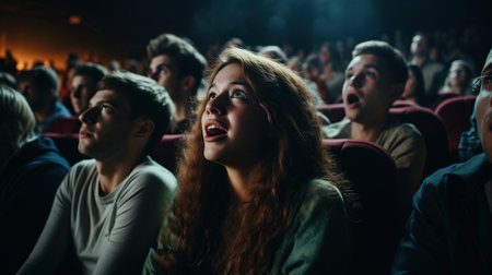 A large, cheering audience in a movie theater watches a heartwarming comedy.の素材